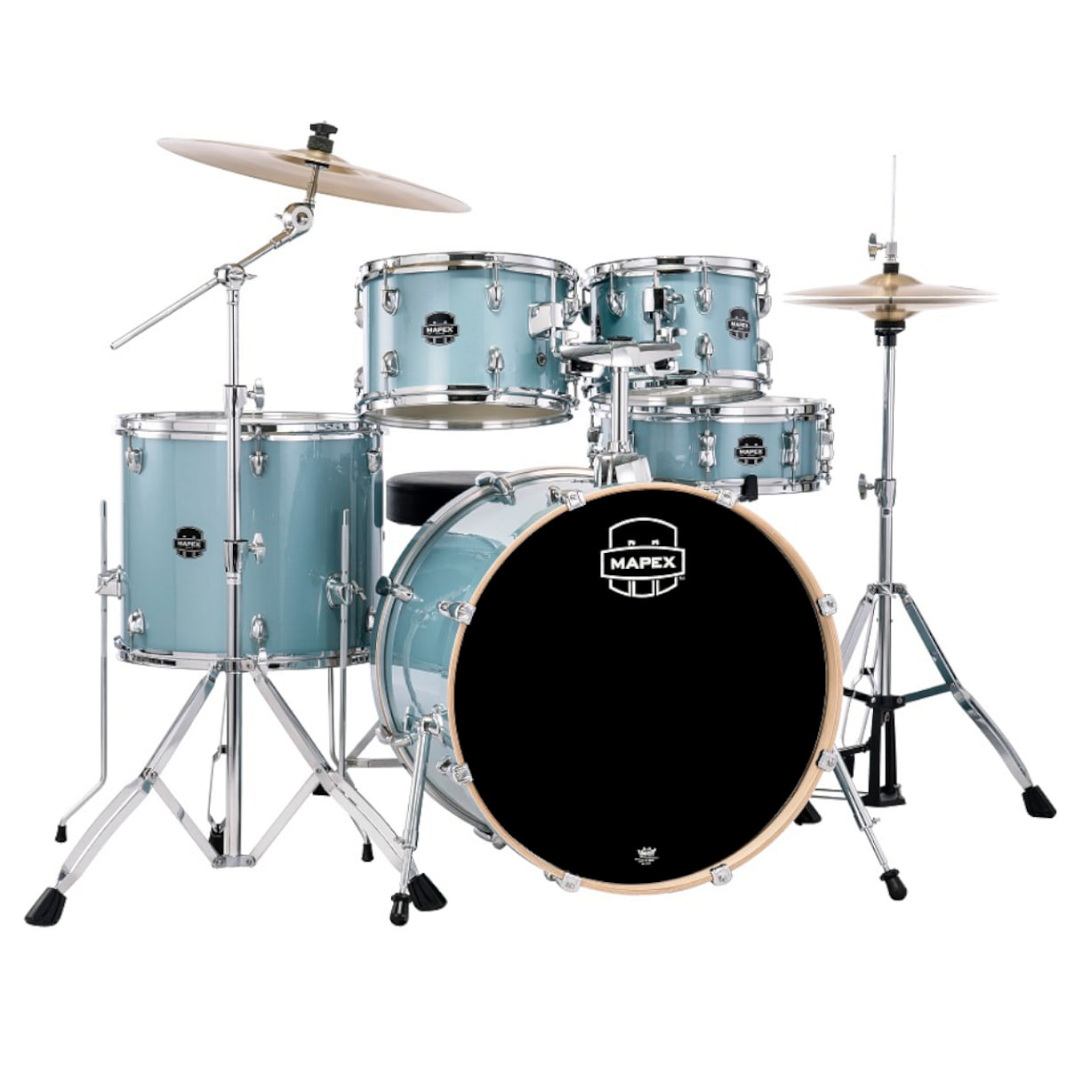 Mapex Venus VE5295FTCVJ 5-Piece Rock Drum Kit with Hardware, Cymbals & Throne, Aqua Blue Sparkle image