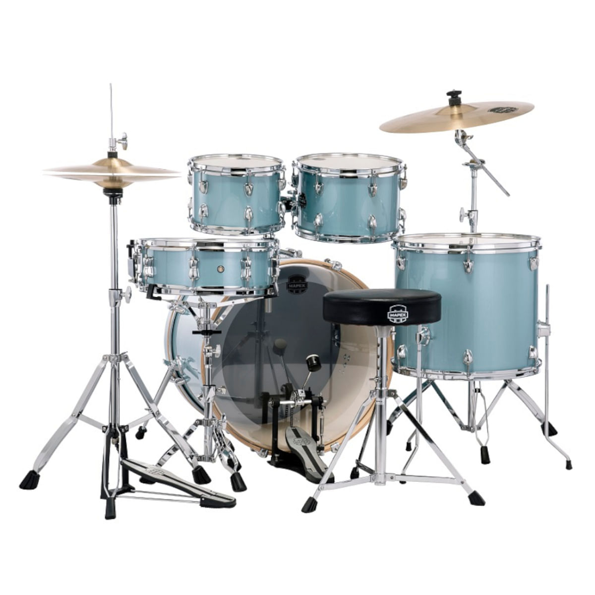 Mapex Venus VE5295FTCVJ 5-Piece Rock Drum Kit with Hardware, Cymbals & Throne, Aqua Blue Sparkle image