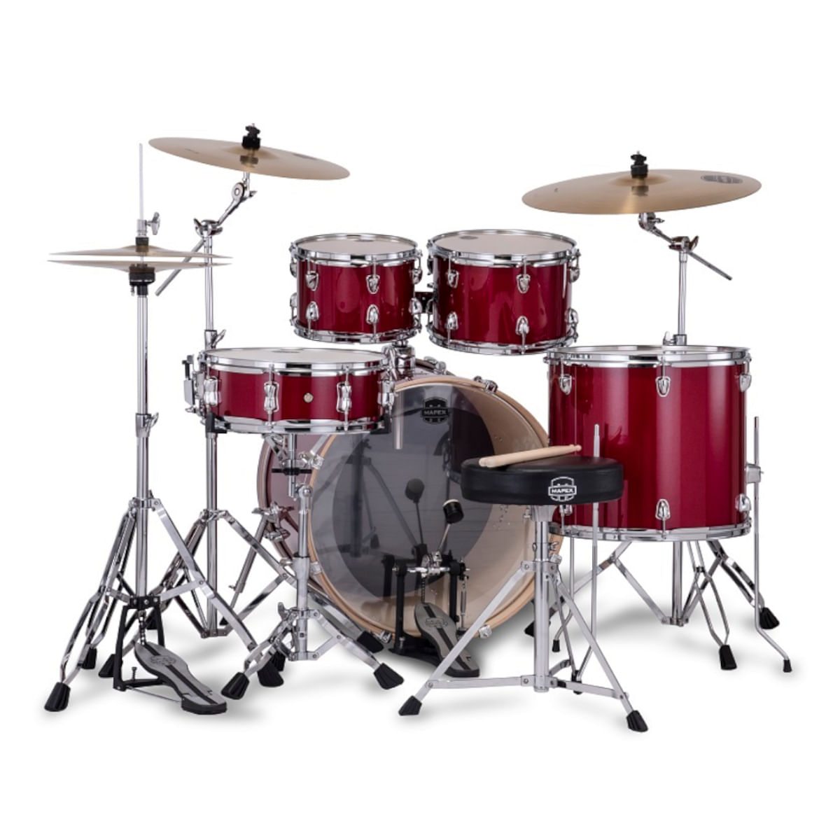 Mapex Venus VE5295FTCVM 5-Piece Rock Drum Kit with Hardware, Cymbals & Throne, Crimson Red Sparkle image